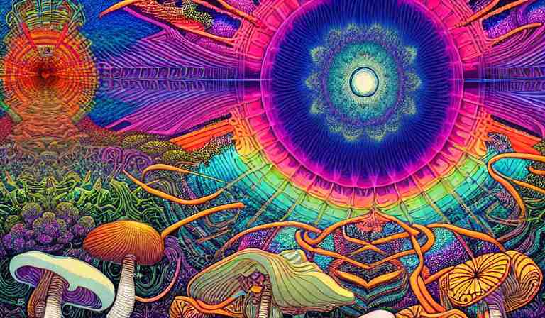 an expansive rendering of beautiful and complex oneness of all things by dan mumford, by jim fitzpatrick, by joe wilson, by jim burns, by victo ngai, by jacek yerka, surrounded with colorful magic mushrooms and rainbowcolored marihuana leaves, insanely integrate, featured on deviant art, trending on artstation 