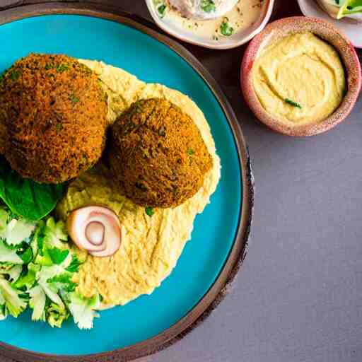 a hummus plate with falafel, food photography 