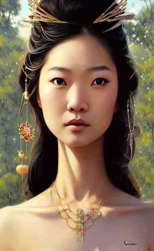 a beautiful young charming asian goddess with sundress + jewelry + shinny eyes | | winter, symmetric, realistic shaded, unpleasant face, good looking, fine details, dior, lv, realistic shaded lighting poster by greg rutkowski, macoto takahashi, magali villeneuve, artgerm, jeremy lipkin and michael garmash 