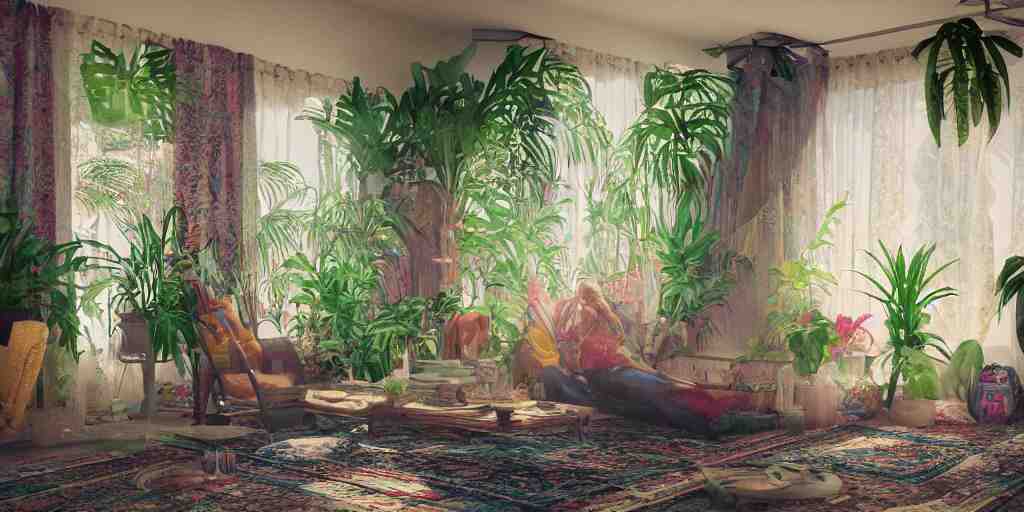 1 9 6 9 living in an older house, hippie pad, hippie chic, antiques, tropical houseplants, beaded curtains, posters on the walls, persian rugs, artstation, v - ray render, 8 k 