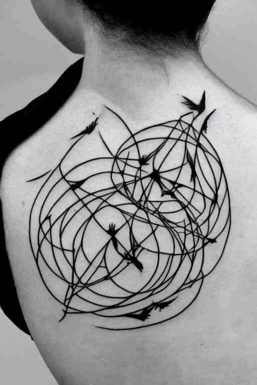 a beautiful tattoo design of minimalist swallows flying into spherical lines and simple basic shapes, black ink, abstract logo, line art 