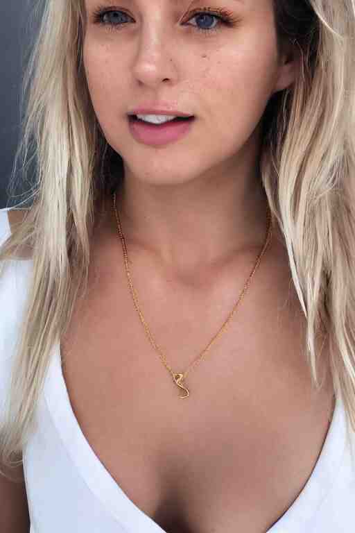 2 4 year old professional blonde female wearing white v - neck top, single gold chain necklace, neck zoomed in, photo realistic, extreme detail skin, light freckles, no filter, slr, golden hour, 4 k, high definition, photograph, selfie 