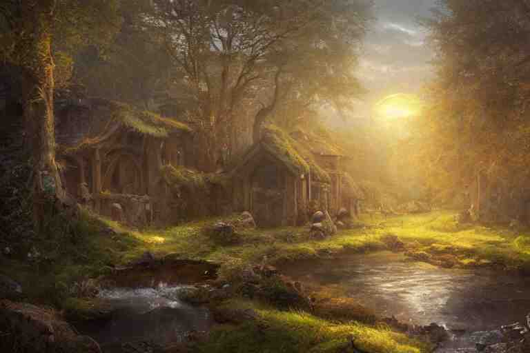 a medieval celtic village with a stream in a forested valley, sunset with ominous shadows by jessica rossier and brian froud cinematic painting 