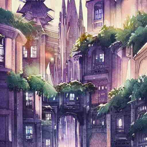 Beautiful picturesque charming futuristic city in harmony with nature. Nice colour scheme, soft warm colour. Beautiful detailed watercolor by Lurid. (2022)