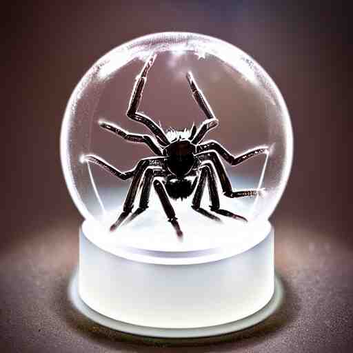 a metal spider with a gnome snow globe head, professional lighting 