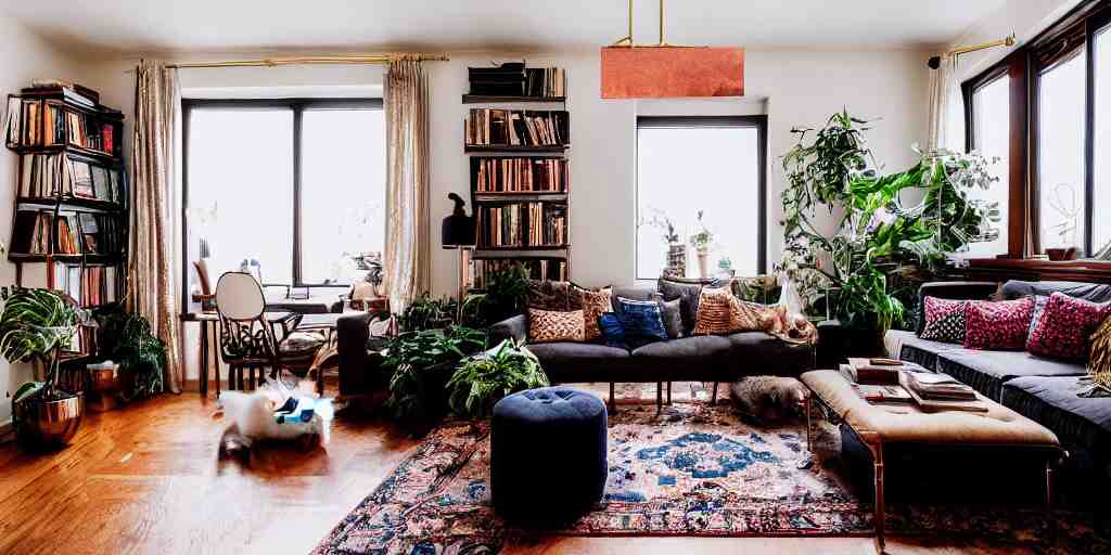 insanely detailed wide angle photograph, atmospheric, award winning interior design living room, cat, dusk, cozy and calm, fabrics and textiles, colorful accents, brass, copper, secluded, many light sources, lamps, hardwood floors, book shelf, couch, desk, balcony door, plants