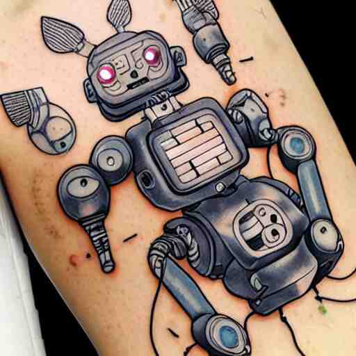 Anime manga robot!! cat tattoo, cyborg cat, exposed wires and gears, fully robotic!! cat, manga!! in the style of Junji Ito, Hayao Miyazaki and Naoko Takeuchi, cute!! chibi!!! cat, tattoo on upper arm, arm tattoo