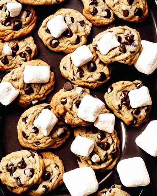 plate full of several freshly baked chocolate chip cookies, delicious, glistening, chocolate sauce, marshmallows, highly detailed, food photography, art by rembrandt 