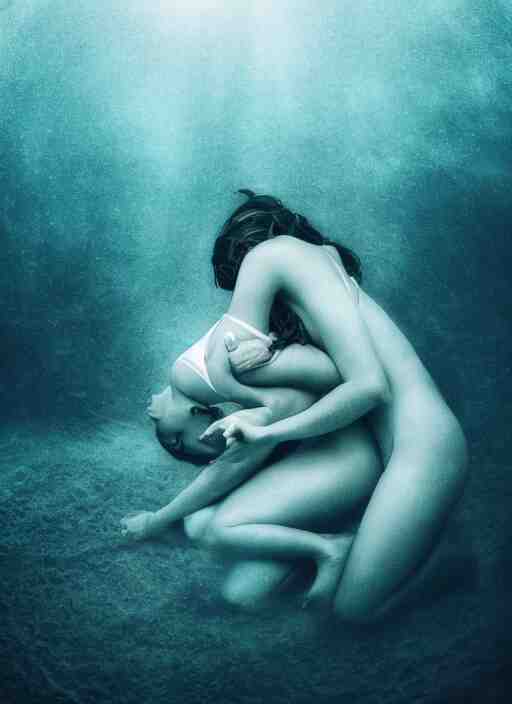 a photo of a a vast underwater with a woman in the center curled and hugging her knees. Cinematic post-processing. Award winning portrait photography. Sharp eyes.