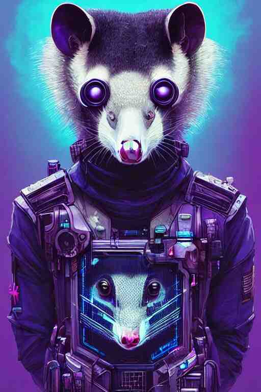 a beautiful portrait of a cute cyberpunk opossum by sandra chevrier and greg rutkowski and wlop, purple blue color scheme, high key lighting, volumetric light, digital art, highly detailed, fine detail, intricate, ornate, complex, octane render, unreal engine, photorealistic 