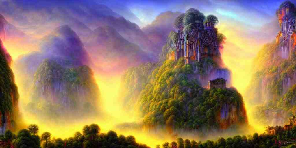 misty village in a waterfall valley at sunrise, ancient ruins, fantasy, precise and incredibly highly detailed intricate 8 k wallpaper, lisa frank dali hr giger, long shot, crisp vibrant colorful and intricate stunning award winning masterpiece trending on artstation beautiful 