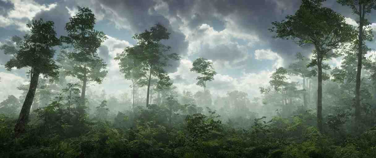 a wide shot of a forest growing on top of cumulus clouds, beautiful, stunning, serene, volumetric light, volumetric clouds, photography, color, intricate, extremely detailed, photorealistic, unreal engine 5