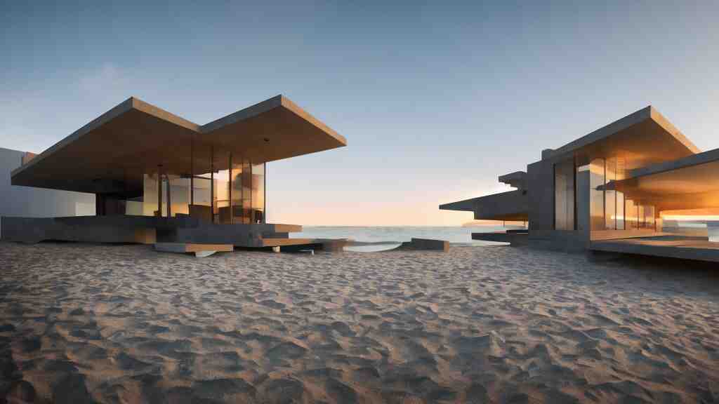 modern concrete house built in the ocean, futuristic accents, golden hour, 4 k, built by frank lloyd wright, concept art 