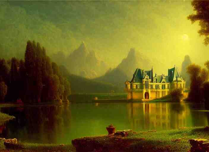 beautiful illustration of chateau in a serene landscape, by albert bierstadt, magic realism, narrative realism, beautiful matte painting, heavenly lighting, retrowave, 4 k hd wallpaper h 7 2 0 