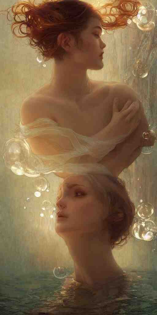 hyper realist matte digital painting of a beautiful woman, floating in water, bubbles rising, fantasy art, photo realistic, dynamic lighting, artstation, volumetric lighting, by mucha, by charlie bowater, by karol bak, by alma tadema 