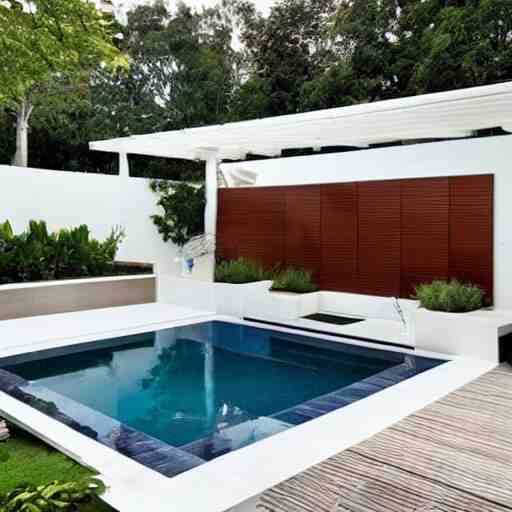 luxury elongated small backyard, all white, modern hut at the back, ceramic floor, small pool 