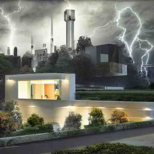 exterior view of modern futuristic haunted house architecture, on a hill with a view overlooking the city, lightning in grey skies, detailed luminescent oil painting 4 k 