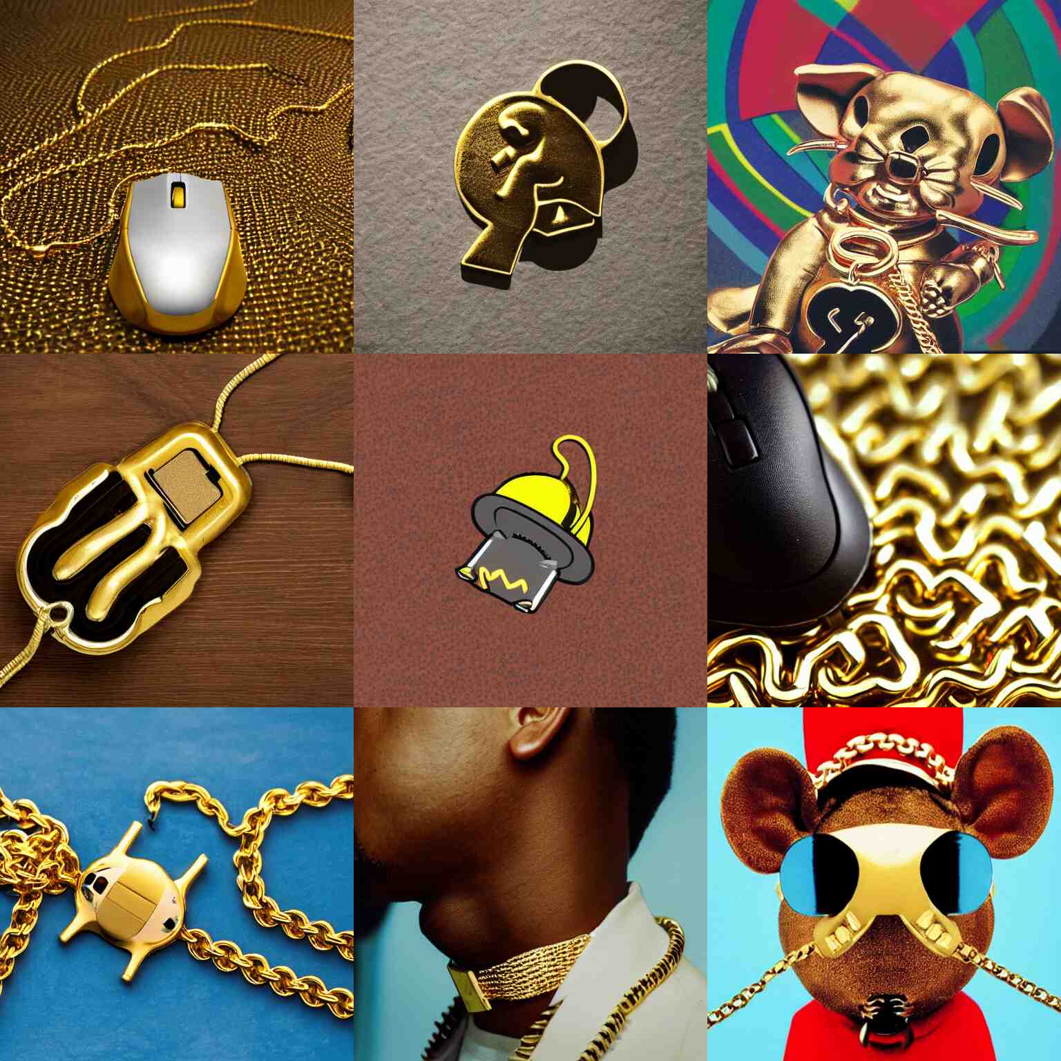 low angle, mouse with gold chain, 90s rap album cover