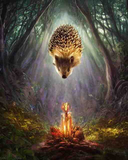 Hedgehog magus, gaia, nature, fairy, forest background, magic the gathering artwork, D&D, fantasy, cinematic lighting, centered, symmetrical, highly detailed, digital painting, artstation, concept art, smooth, sharp focus, illustration, volumetric lighting, epic Composition, 8k, art by Akihiko Yoshida and Greg Rutkowski and Craig Mullins, oil painting, cgsociety