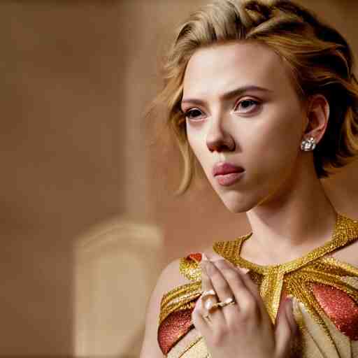 scarlett johansson dressed as a greek goddess in front of a ring of sapphire rose ring, ornate gold border, vignette, warm tri - color, subtle chromatic aberration, painted by francis goya 