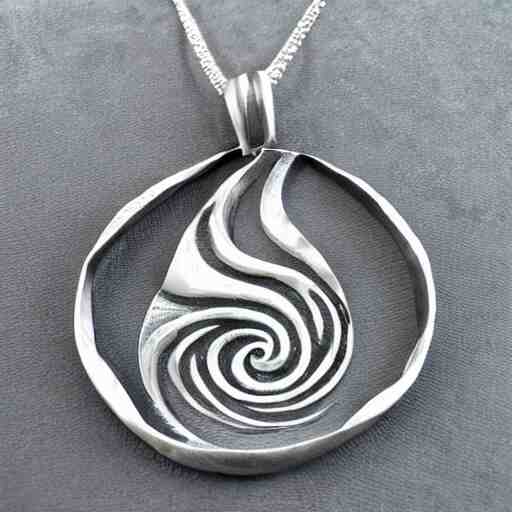 amulet of wave inlaid in silver on a young beautiful woman neck, hyper realistic, 