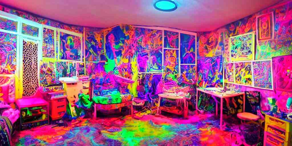 a cluttered psychedelic 90s room with a blacklight and glowing furniture