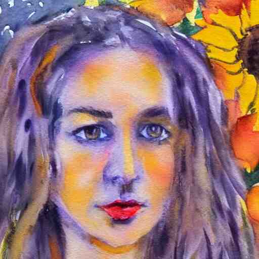 molly sanden, watercolor, in the style of claude monet, beautiful face, sunflowers, fall leaves red and orange, award winning, hd, 4 k, purple, blue 