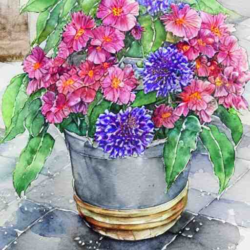 a beautifull intricate watercolor painting of potted planter with flowers inside sitting on wet sidewalk, reflexions, high details by stephanie law art 