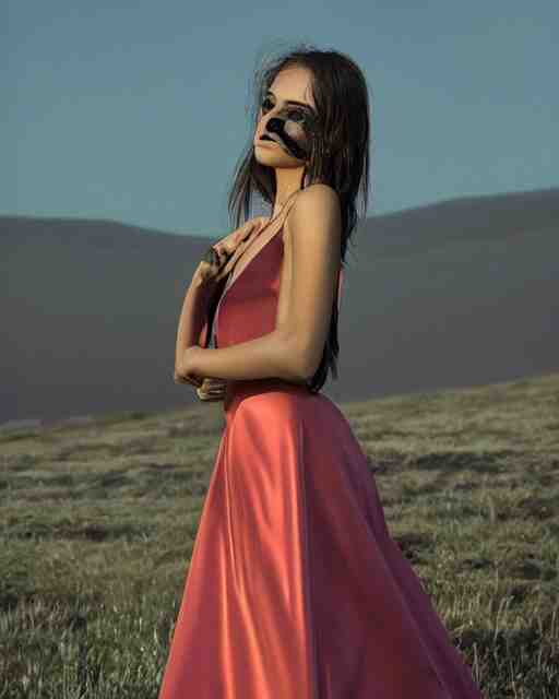 in a twilight landscape, a young fashion model woman shows off her figure in a shiny party dress, face and eyes covered by a pointed geometry