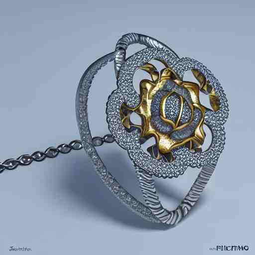 intricate!! nordic ring and necklace and ear, silver and gold and diamond, isolated on a white background and a flower in the background, refraction, occlusion, filigree, lower and upper levels, keyshot render, octane render, vray render 