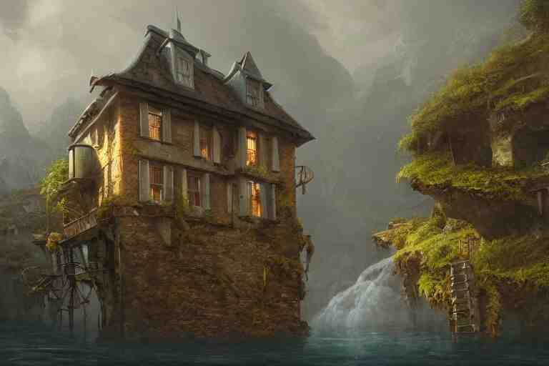 a typical european house with a slate roof, submerged under the water of the acean, school of fishes, scenic view, matte painting by christophe vacher and hubert robert, trending on artstation 