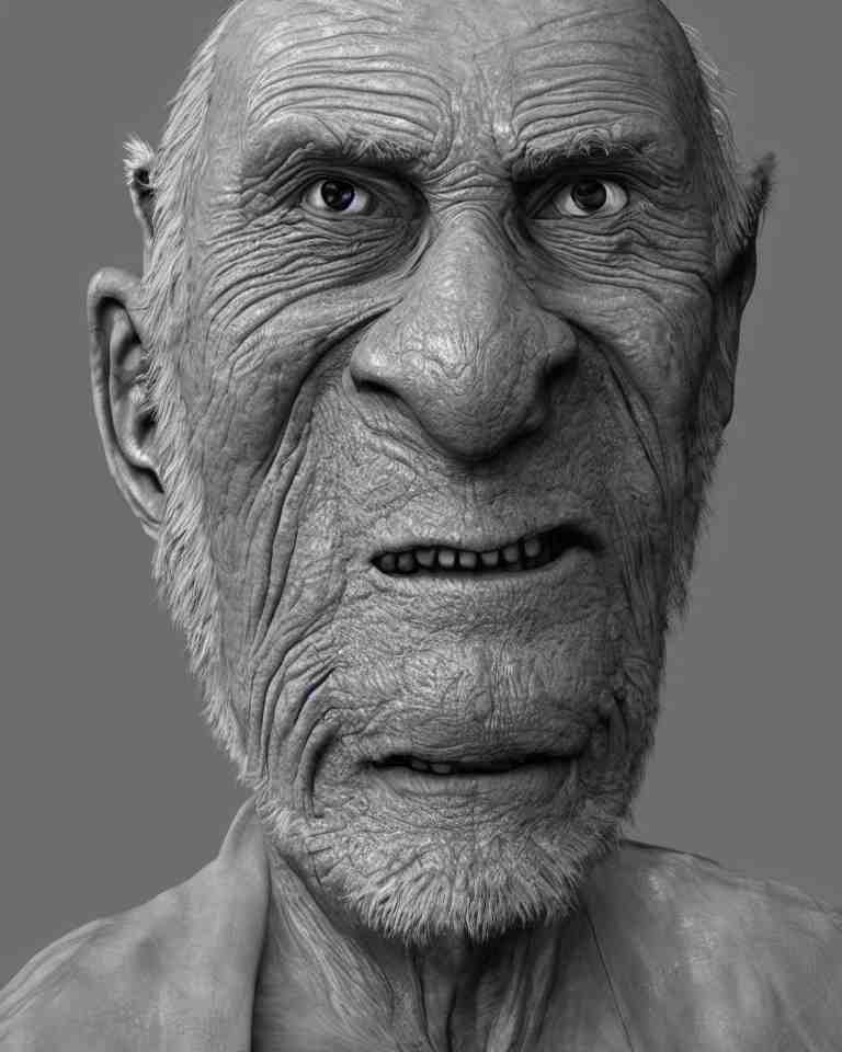 A highly detailed portrait 3D render of a singular craggly old man. Wise, gaunt, ancient, smiling. ZBrush, Blender. Trending on cgsociety.  Dramatic lighting.  Beautiful.  Colorful.  By Mark Mann and Jimmy Nelson.