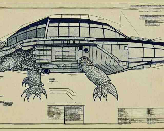 a full page of a mechanical blueprint showing the interior of gamera, with a big head, muted colors, post grunge, studio ghibli, hq, 