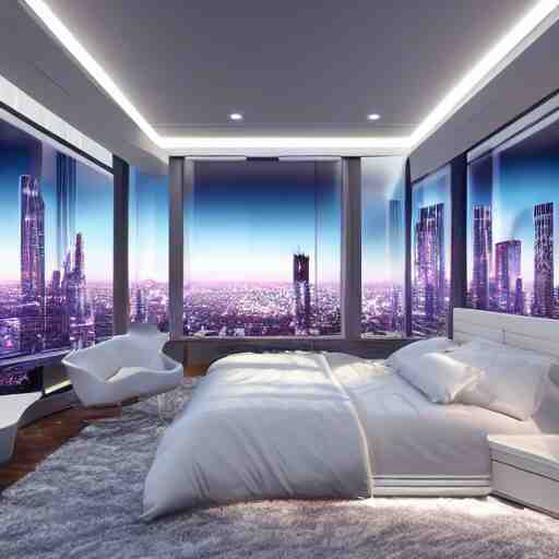 a futuristic luxury white bedroom with ceiling high windows looking out to a cyberpunk cityscape with flying cars, night time, neon lights, cinematic 3d render