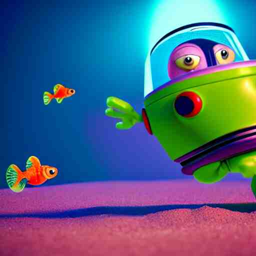 buzz light year without a head!!! with a goldfish swimming inside the visor!!! christi du toit style, octane render, artistic, vibrant colors, award winning, unreal engine, houdini render, studio light 