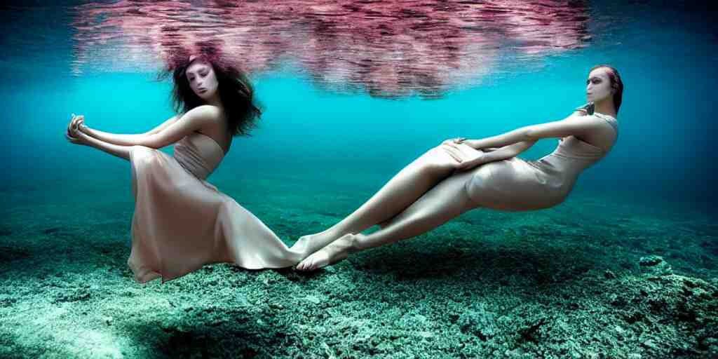 deep underwater photography of beautiful model in flat dress by emmanuel lubezki 