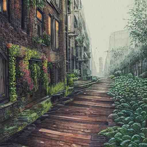 Wooden footpath next to narrow canal between buildings in beautiful overgrown futuristic sci-fi city in harmony with nature. Nice colour scheme, soft warm colour. Beautiful detailed watercolor by Lurid. (2022)