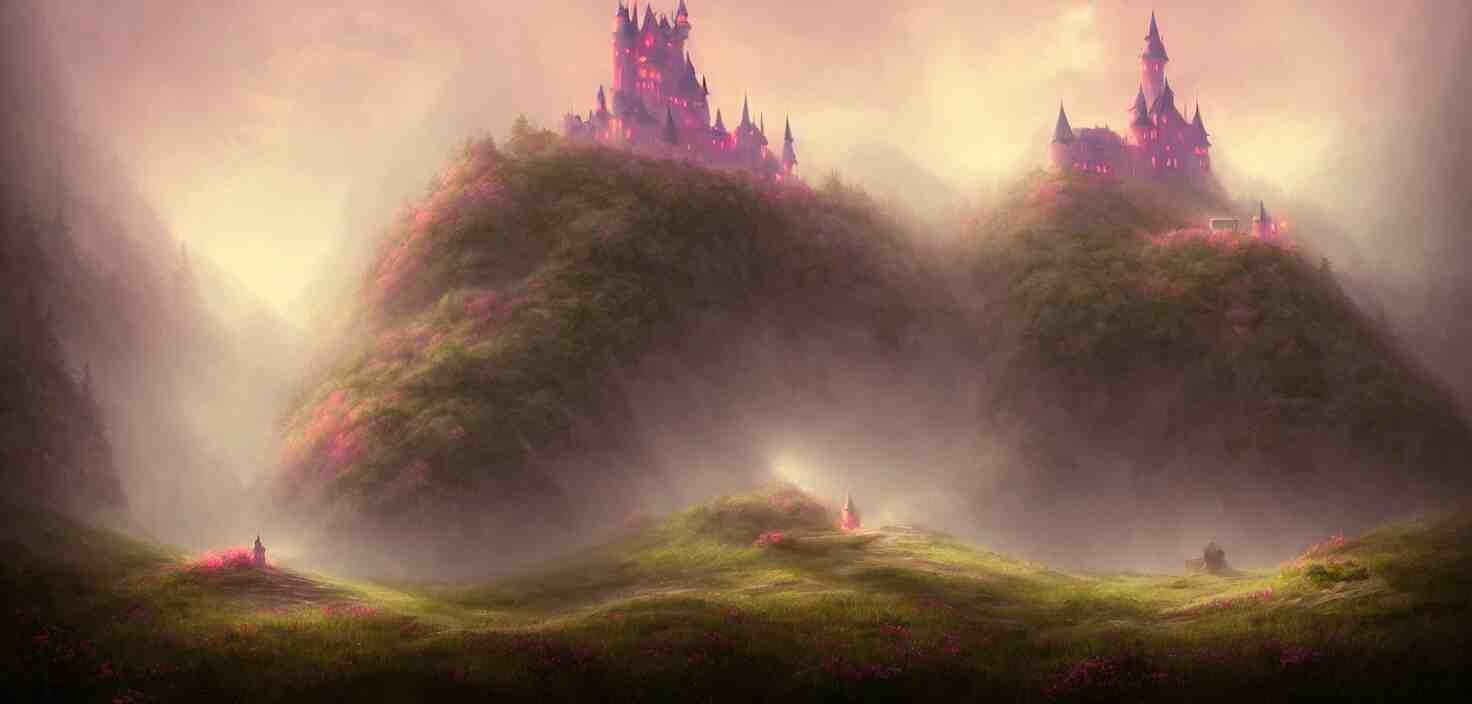 a fairytale castle on a hill in the forest pink fog envelops the castle landscape, cinematic view, epic sky, detailed, concept art, low angle, high detail, warm lighting, volumetric, godrays, vivid, beautiful, trending on artstation, by jordan grimmer, huge scene, grass, art greg rutkowski 