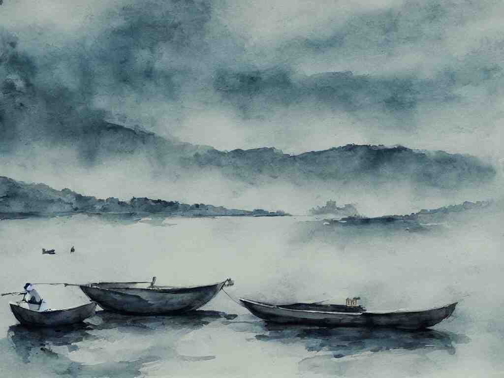 a boat is parked on the lake, there is only one person on the boat fishing, cinematic landscape ， natural light, ink painting 