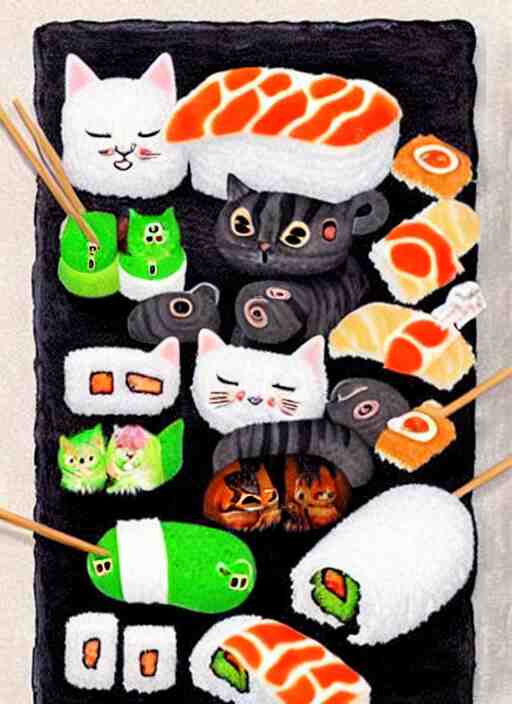 clear photorealistic picture of adorable cats made out of sushi 