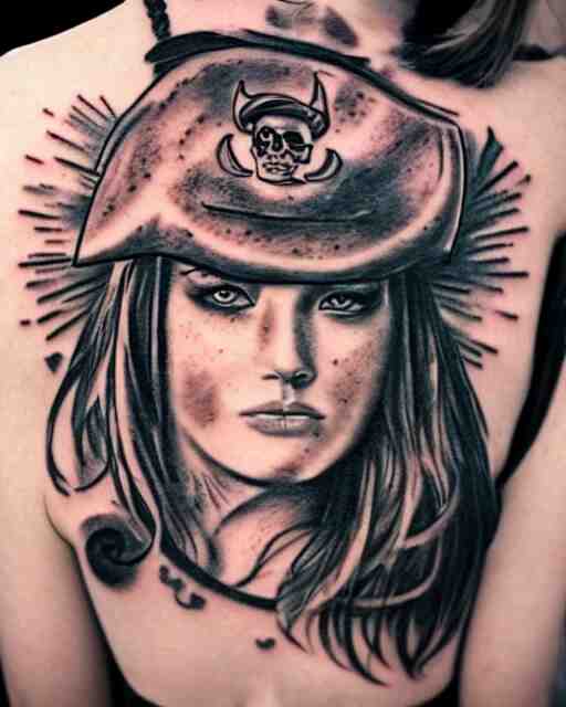 A beautiful woman warrior faded on a background of a beautiful pirate ship, realism tattoo drawing, hyper realistic, shaded