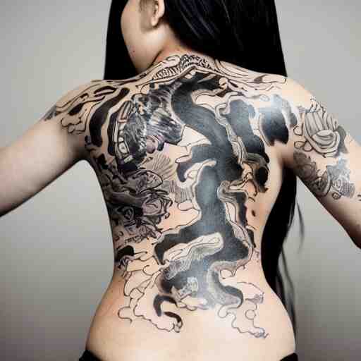 photography of the back of a woman with a black detailed irezumi tatto representing a cute caracal on her entire back, dark hangar background, mid-shot, editorial photography