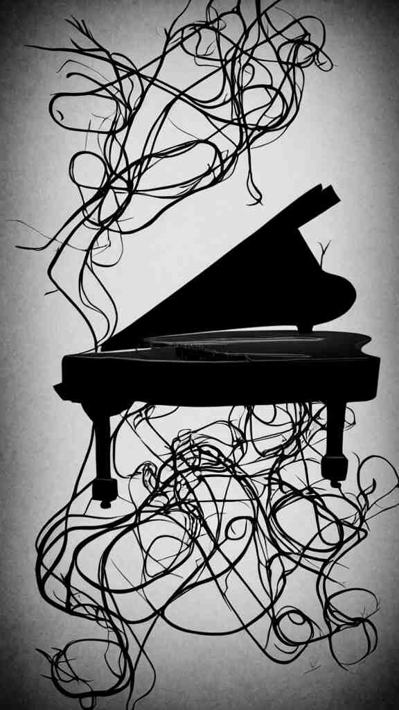 a grand piano with long thick vines wrapped around it, fantasy art, art station, grey background,