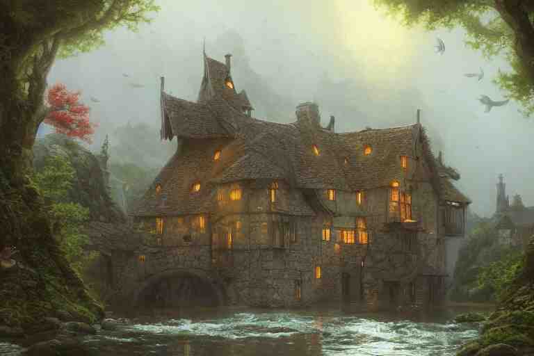 a typical european house with a slate roof, submerged under the water of the acean, school of fishes, scenic view, matte painting by christophe vacher and hubert robert, trending on artstation 