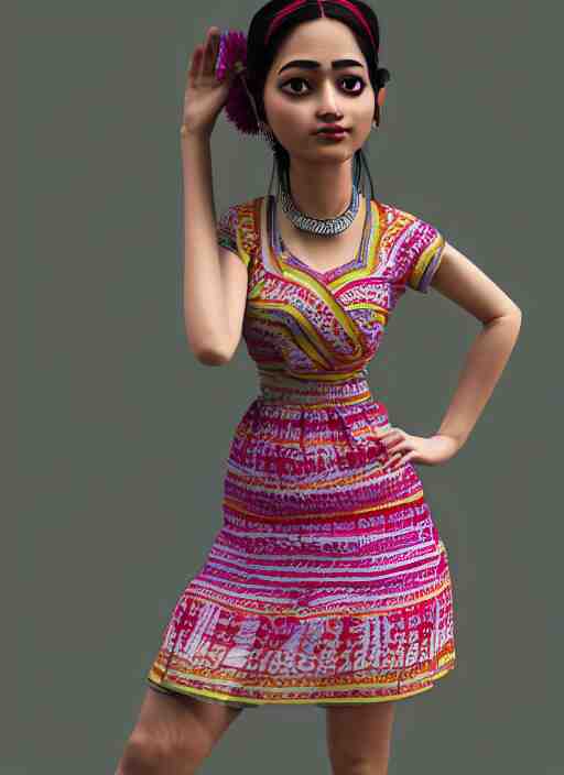 beautiful summer assamese mekehela bihu style floral gamosa dress ; flirtatious, boho - chic, sleeveless, elegant, short skirt length, slimmer demeanor, plethora of colors ; mini dress, highly detailed cute face by wlop ; octane render, unreal engine 5, trending on artstation, 8 k high resolution, global illumination ray tracing ; symmetrical, cinematic, high coherence, hdr fabric textures 