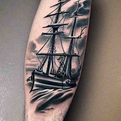 a pirate ship sailing in the sea, realism tattoo design, amazing shades, clean white paper background, in the style of david vega