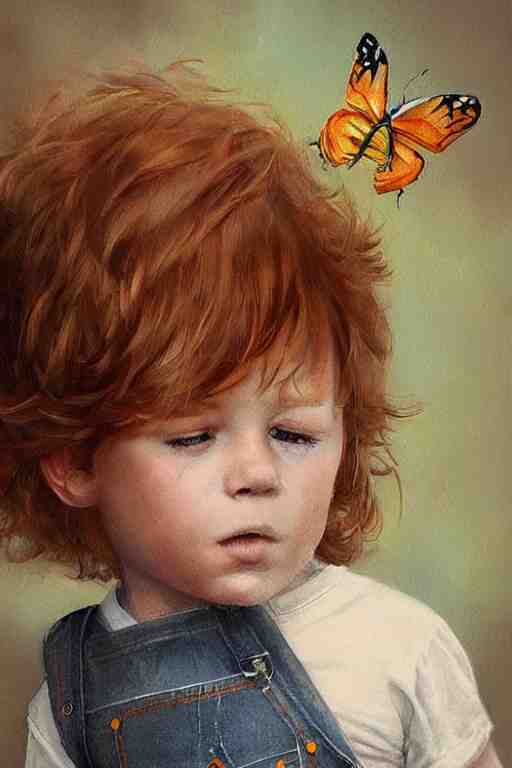 a three year old boy with ginger hair wearing denim overalls chasing butterflies. clean elegant painting, beautiful detailed face, lots of butterflies. by magali villanueve and artgerm and greg rutkowski 