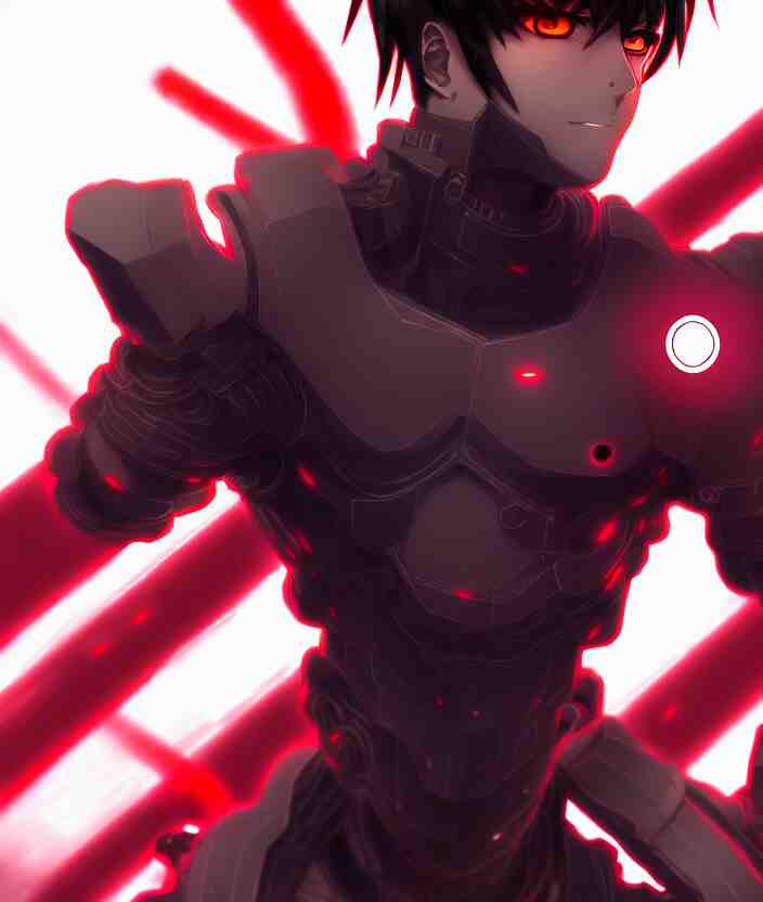 a detailed manga illustration character full body portrait of a dark haired cyborg anime man who has a red mechanical eye, trending on artstation, digital art, 4 k resolution, detailed, high quality, sharp focus, hq artwork, insane detail, concept art, character concept, character illustration, full body illustration, cinematic, dramatic lighting 