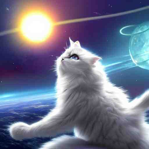 illustration of a white fluffy cat wizard casting a spell in space. 4k trending ArtStation highly detailed vibrant