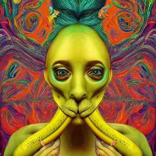 An extremely psychedelic portrait of a banana, surreal, LSD, face, detailed, intricate, elegant, lithe, highly detailed, digital painting, artstation, concept art, smooth, sharp focus, illustration